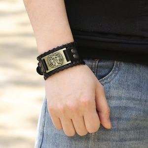 Vintage black leather pentagram bracelet with tree of life bronze plate for men