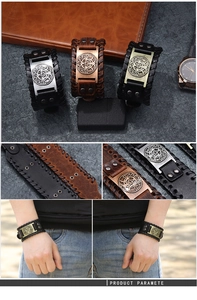 Macro detail of vintage leather bracelets with metal star and tree of life charms