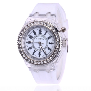 Close-up of Geneva transparent watch face with crystal bezel and soft silicone strap
