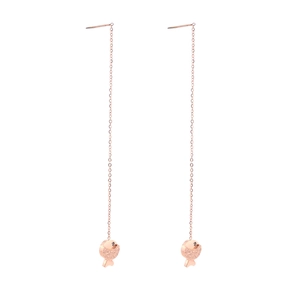 Minimalist rose gold titanium fish earrings with long tassel chain and shimmering finish