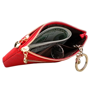 Red lychee grain leather mini coin purse with double gold zippers and heart charm detail