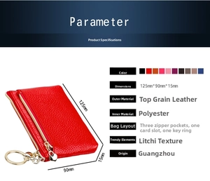 Detailed view of red genuine leather coin purse showing dimensions and internal layout