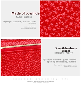 Macro detail of red litchi grain genuine leather and smooth golden metal zipper closure