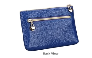 Back view of blue genuine leather coin purse with double heart-shaped gold zippers