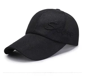 Close-up of black mesh baseball cap with Sport embroidery and breathable fabric texture