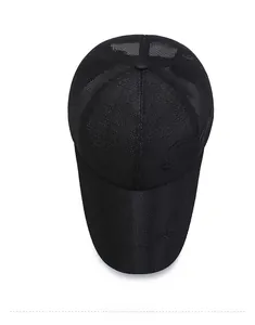 Top view of black mesh baseball cap featuring breathable fabric and Sport embroidery