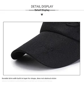 Detail display of the breathable black mesh baseball cap with reinforced sandwich brim