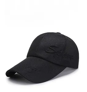 Detail view of black mesh baseball cap with Sport embroidery and breathable fabric