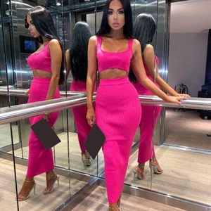 Women's 2-piece rib-knit set with U-neck crop top and high waist maxi skirt in rose red