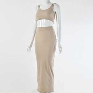Detailed close-up of khaki ribbed knit crop top and high waist long skirt set for women