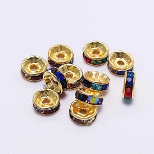 Golden rondelle spacer beads with colorful rhinestones for DIY jewelry making