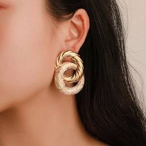 Geometric Interlocking Double Hoop Stud Earrings With Steel Earring Post Twist Texture Metal Alloy Retro Style Women