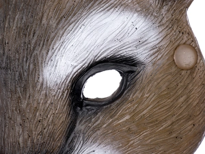 Macro shot showing detailed faux fur texture and eye openings of a squirrel party mask