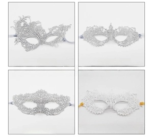 Detail of assorted lace masquerade masks with phoenix patterns and silk ribbons