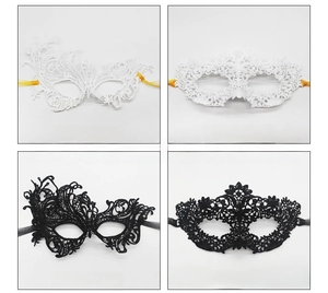 Detail of lace masquerade masks in black and white phoenix and flower patterns