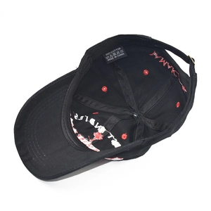 Inside view of black cotton baseball cap showing stitching, eyelets and metal buckle