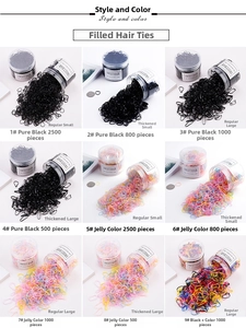 Détail d'élastiques cheveux pour enfants en tailles et couleurs variées en boîtes