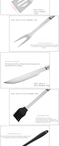 Macro shot of stainless steel BBQ tools with detailed length and weight specifications