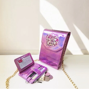 Holographic purple laser crossbody bag with heart pendant and matching wallet set