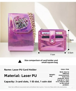 Detail view of pink laser PU card holder and heart pattern bag with golden chain