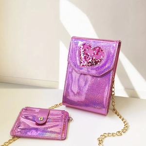 Laser Holographic PU Leather Mini Crossbody Bag Heart Shaped Glitter Window Square Shoulder Bag Card Holder Gold Chain