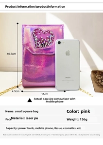 Pink laser PU small crossbody bag size specifications showing 16.5x11x4.5cm dimensions