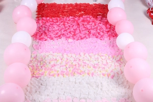 Red pink and white artificial silk rose petals arranged on floor with balloons