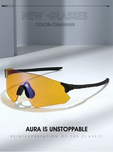 Macro shot of photochromic orange lenses on rimless cycling sunglasses for outdoor sports