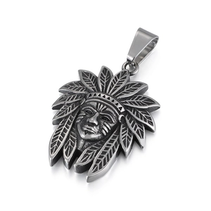 Vintage Indian Chief pendant in titanium steel with detailed feather headdress on white background