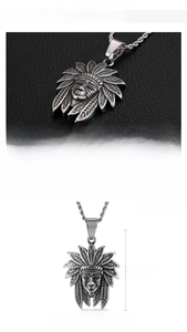 Detail view of vintage Indian chief pendant necklace in stainless steel with 41x35mm dimensions