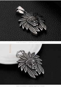 Detail view of vintage stainless steel Indian Chief pendant necklace for men