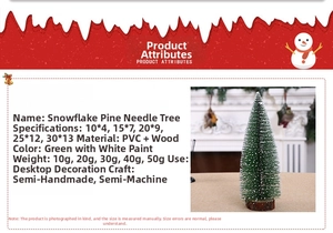 Detailed size specifications for mini frosted pine trees with wooden bases for Christmas