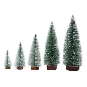 Detailed set of five mini flocked Christmas trees with snow tips and wooden bases