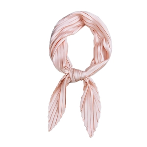 Pleated pink satin neck scarf with accordion folds for women in a chic ring-tied style