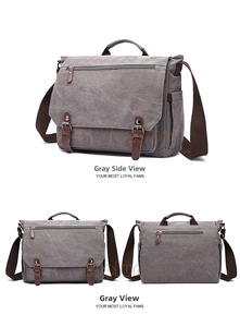 Three-way view of grey canvas messenger bag showing front, side, and rear anti-theft zipper