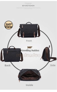 Detailed views of vintage canvas messenger bag showing front, back, side and inner sections