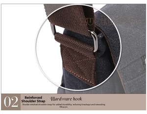 Detail of durable canvas laptop bag with reinforced stitching and matte silver metal hook