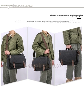 Men's canvas briefcase showing crossbody, shoulder, and handheld carrying styles