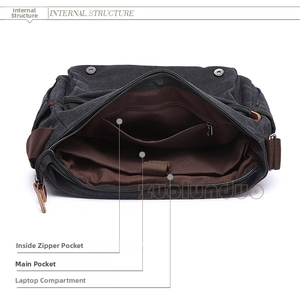 Detail view of canvas briefcase interior showing laptop compartment and zipper pocket