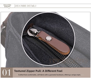 Detail of gunmetal hardware and brown leather zipper pull on canvas briefcase