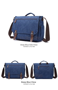 Detailed views of navy blue canvas messenger bag with brown leather straps and multi-pockets