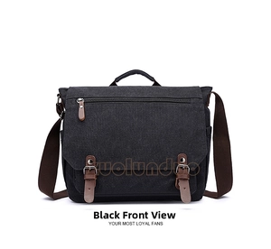 Detailed front view of a black canvas messenger bag with vintage brown leather straps