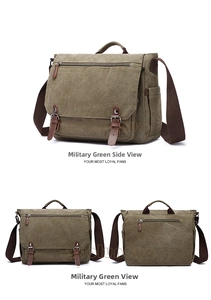 Detail of army green canvas messenger bag with retro leather buckles and adjustable strap
