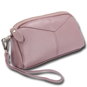 Close-up of purple lychee pattern leather shoulder bag with wrist strap and metal zipper
