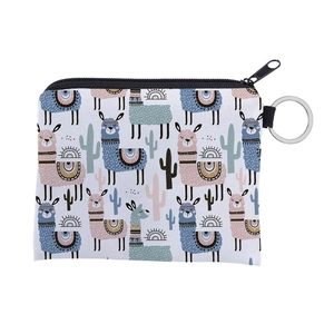 Waterproof alpaca and cactus print coin purse with zipper and metal key ring