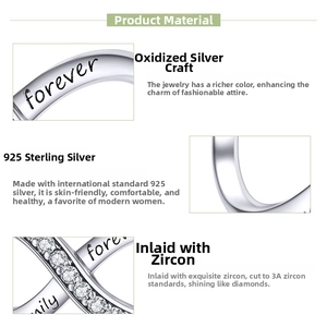 Detail of 925 sterling silver ring featuring forever family engraving and 3A zircon stones