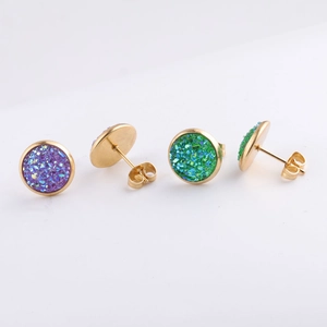 10mm stainless steel stud earrings with gold plating and colorful druzy glitter crystals
