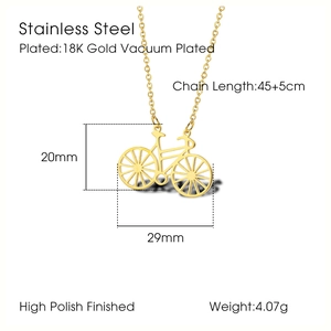 Detailed specs of the 18K gold plated bicycle pendant necklace with sizing dimensions