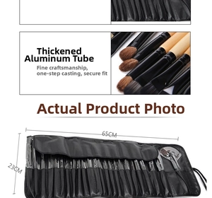 Detail of 24pcs professional makeup brush set with black leather roll-up storage pouch
