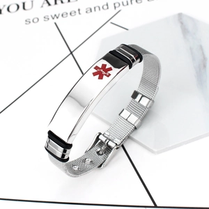 Men's titanium steel medical alert bracelet with red Caduceus symbol on silver mesh band